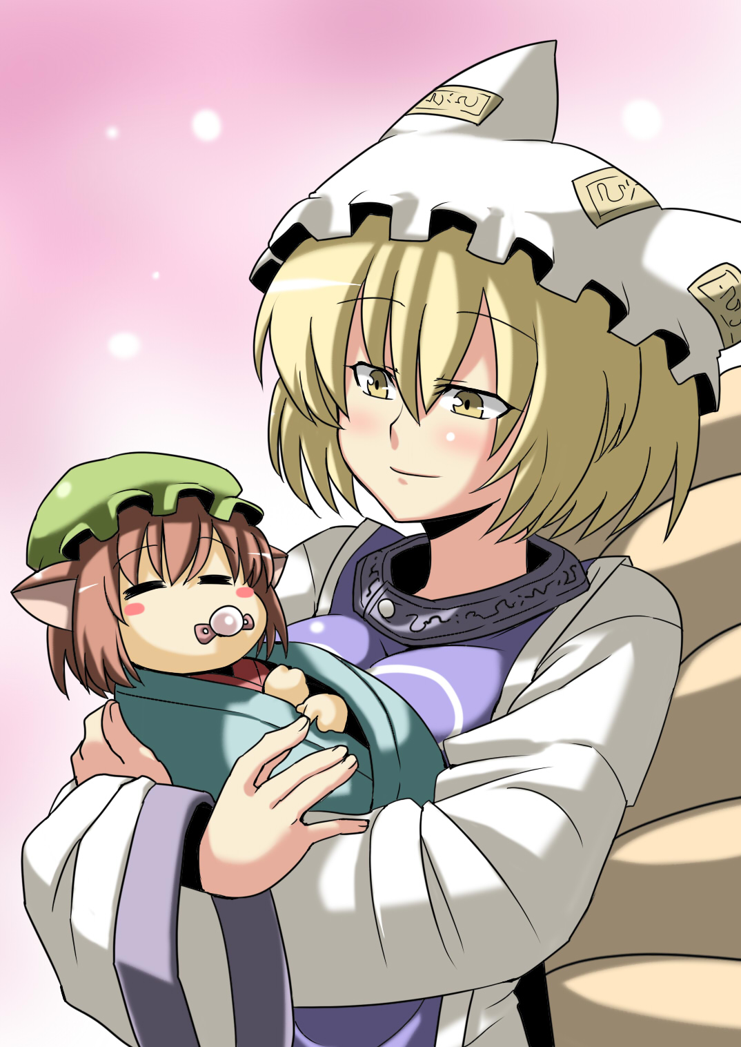 tukiwani, chen, yakumo ran, touhou, highres, 2girls, aged down, animal ears, blonde hair, cat ears, cat girl, cat tail, child, female focus, fox ears, fox tail, hat, multiple girls, pacifier, ribbon, tail
