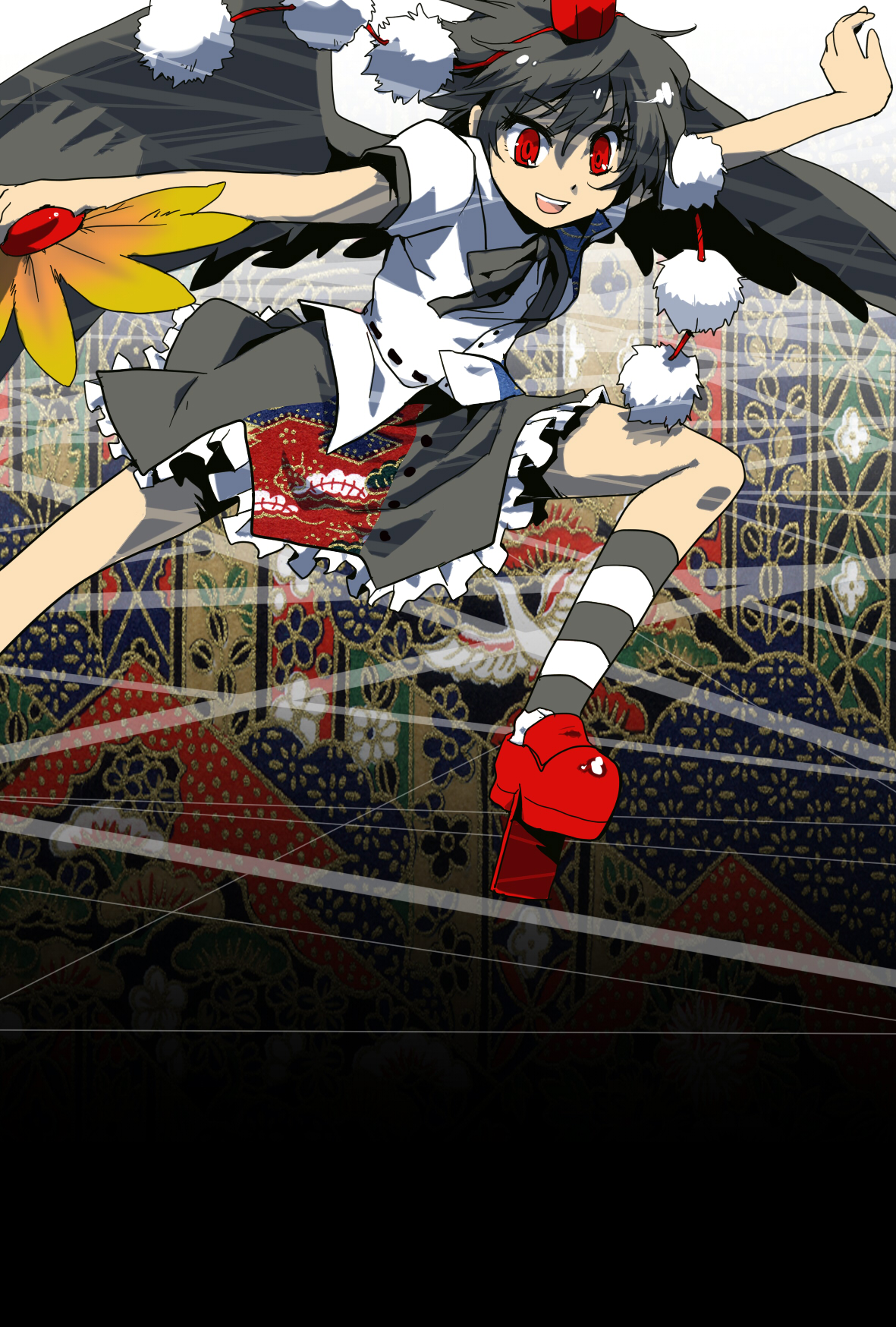 hani kuraun, udeita, shameimaru aya, touhou, highres, 1girl, black hair, female focus, flying, geta, hat, looking at viewer, ribbon, short hair, smile, solo, tengu-geta, wings