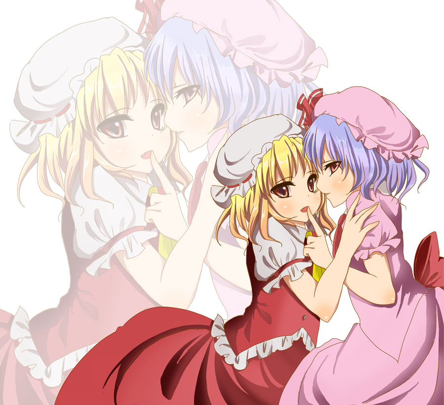 pan futoshi, flandre scarlet, remilia scarlet, touhou, bad id, bad pixiv id, 2girls, blonde hair, blue hair, female focus, hat, mob cap, multiple girls, ribbon, short hair, siblings, sisters, skirt, white background, zoom layer