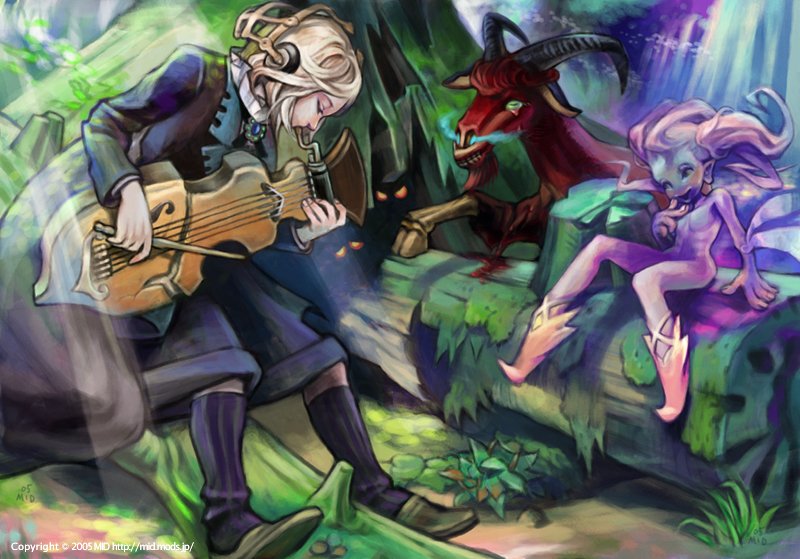 mid (midlibro), light, bad id, bad pixiv id, 1boy, 1girl, fairy, forest, instrument, midilbro, monster girl, nature, tree