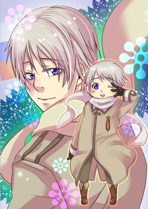 mushi kei, russia (hetalia), axis powers hetalia, silver hair, uniform, 00s, 1boy, chibi, male focus, multiple views, purple eyes, scarf, short hair, wink