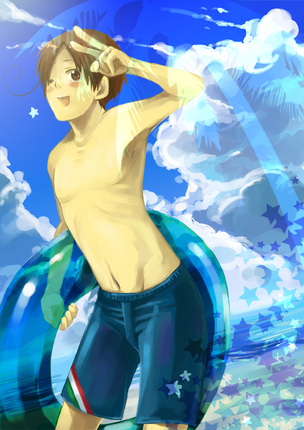 mushi kei, northern italy (hetalia), axis powers hetalia, 00s, 1boy, ahoge, beach, bishounen, brown hair, cloud, day, innertube, male focus, no nipples, one eye closed, outdoors, sky, solo, swim ring, topless male, v, water, wink
