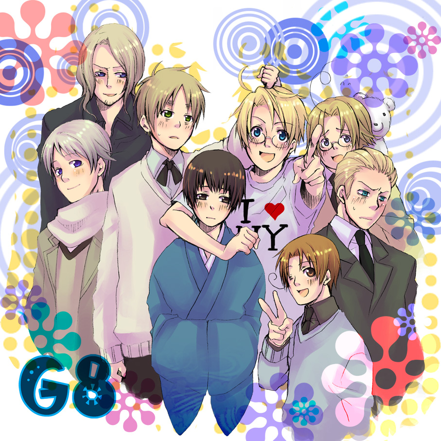mushi kei, america (hetalia), canada (hetalia), france (hetalia), germany (hetalia), japan (hetalia), kumajirou (hetalia), northern italy (hetalia), russia (hetalia), united kingdom (hetalia), axis powers hetalia, clothes, 00s, 6+boys, ahoge, bishounen, glasses, japanese clothes, male focus, multiple boys, one eye closed, smile, v, wink