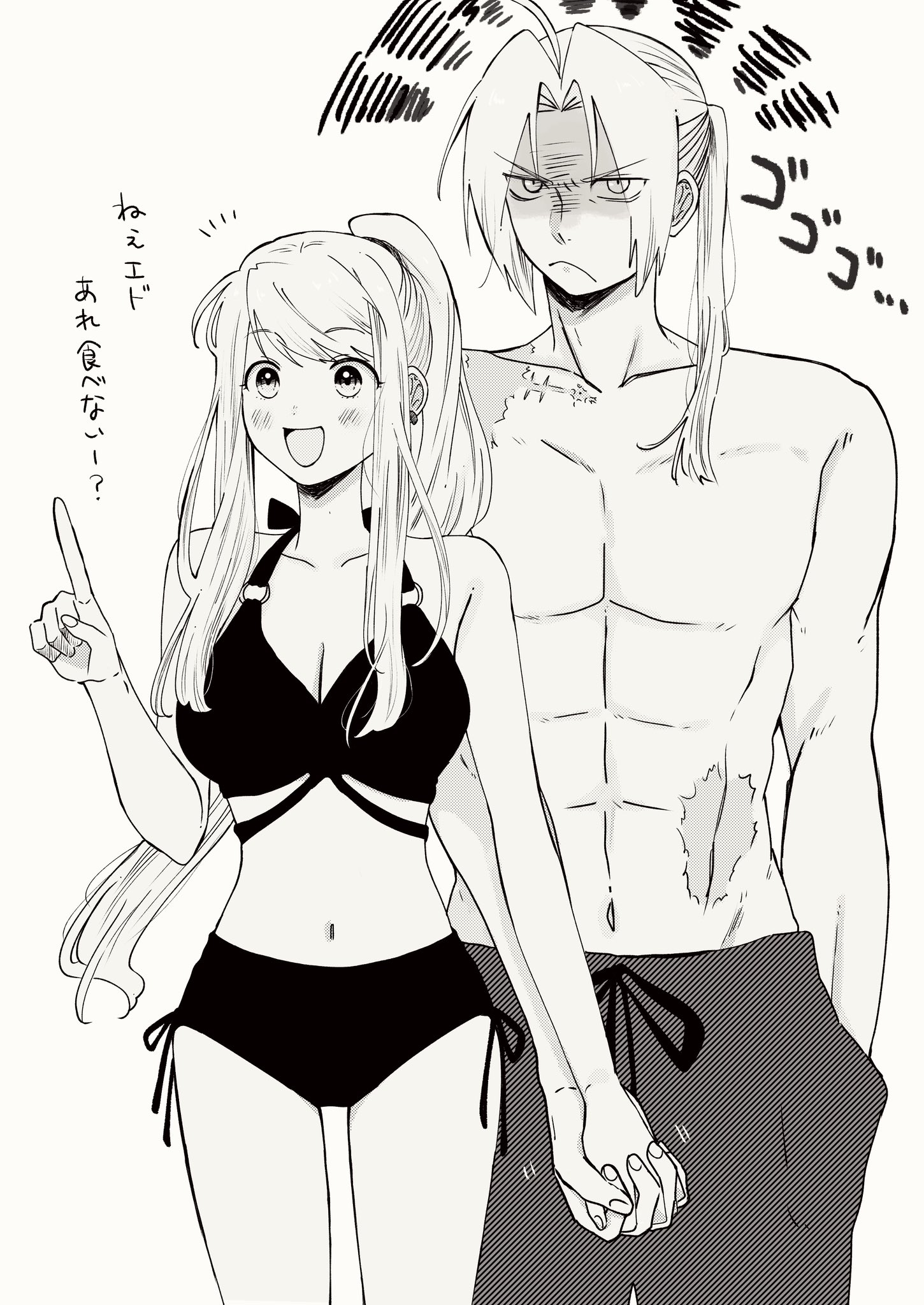 hare87073434281, edward elric, winry rockbell, fullmetal alchemist, highres, 1boy, 1girl, abs, ahoge, alternate costume, angry, bare arms, bare shoulders, bikini, black bikini, blush, breasts, cleavage, collarbone, couple, cowboy shot, earrings, furrowed brow, grey male swimwear, greyscale, hair over shoulder, hand in pocket, hetero, holding hands, interlocked fingers, jewelry, large breasts, long hair, male swimwear, midriff, monochrome, navel, open mouth, parted bangs, pointing, ponytail, scar, scar on shoulder, scar on stomach, shaded face, sidelocks, smile, swimsuit, white background
