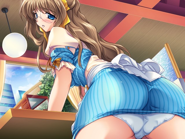 onigirikun, kouenji sayuka, choukou (alicesoft), choukou tenshi escalayer, game cg, 00s, 1girl, blue eyes, blue panties, blush, brown hair, female focus, glasses, long hair, panties, solo, underwear, upskirt, waitress