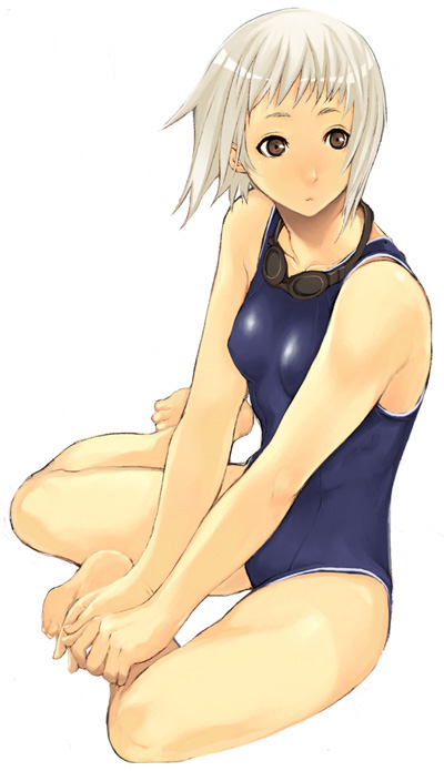 imigimuru, original, looking away, silver hair, non-web source, 1girl, barefoot, brown eyes, competition swimsuit, feet, female focus, frown, goggles, goggles around neck, one-piece swimsuit, short hair, simple background, sitting, solo, swimsuit, white background, yokozuwari