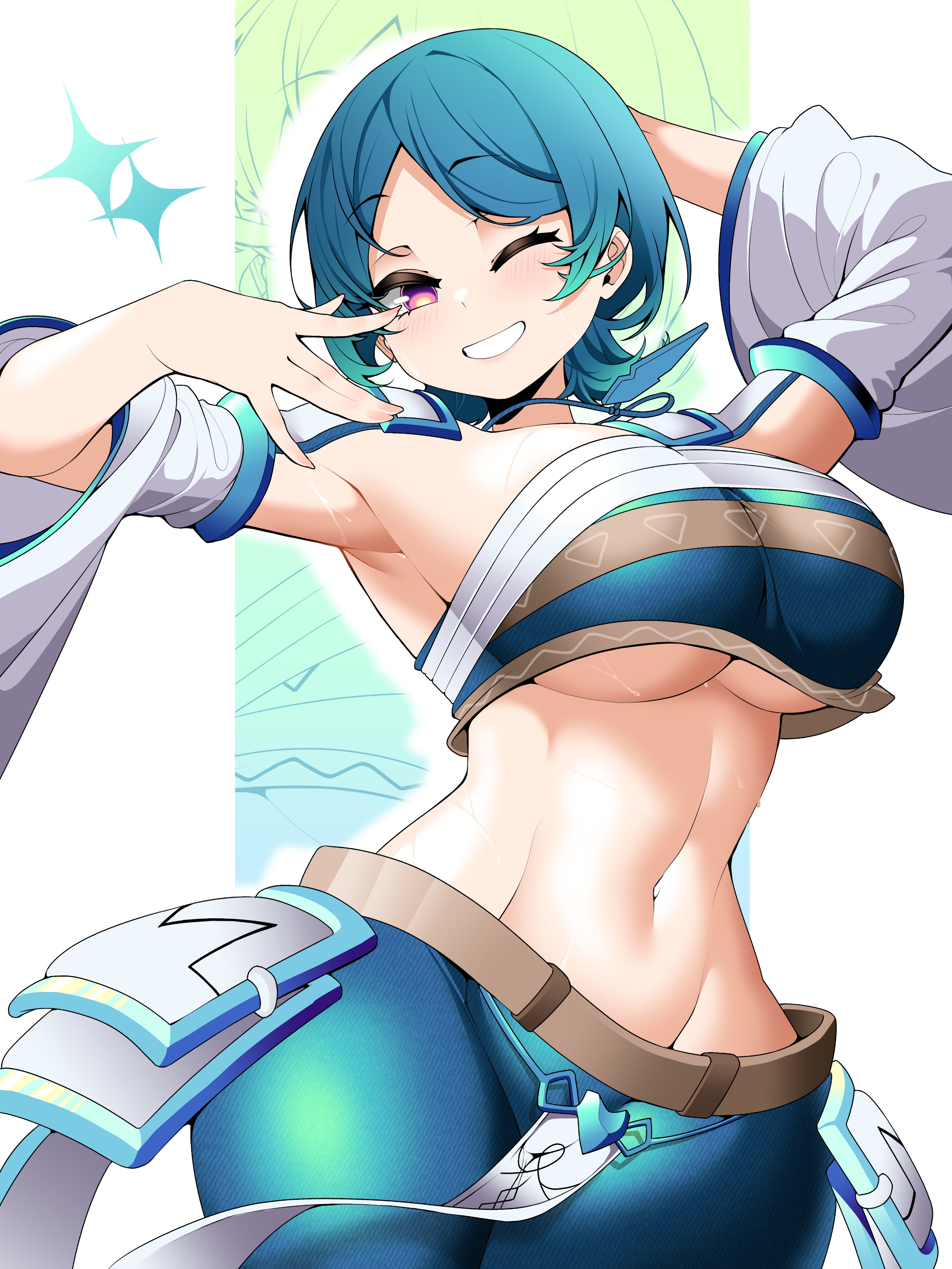 saltnvalk, original, absurdres, commission, hashtag-only commentary, highres, vgen commission, 1girl, arm behind head, armpits, blue hair, blue skirt, blue tube top, breasts, cowboy shot, detached sleeves, large breasts, looking at viewer, navel, one eye closed, parted bangs, pink eyes, short hair, skirt, smile, solo, stomach, strapless, sweat, tube top, underboob, white background