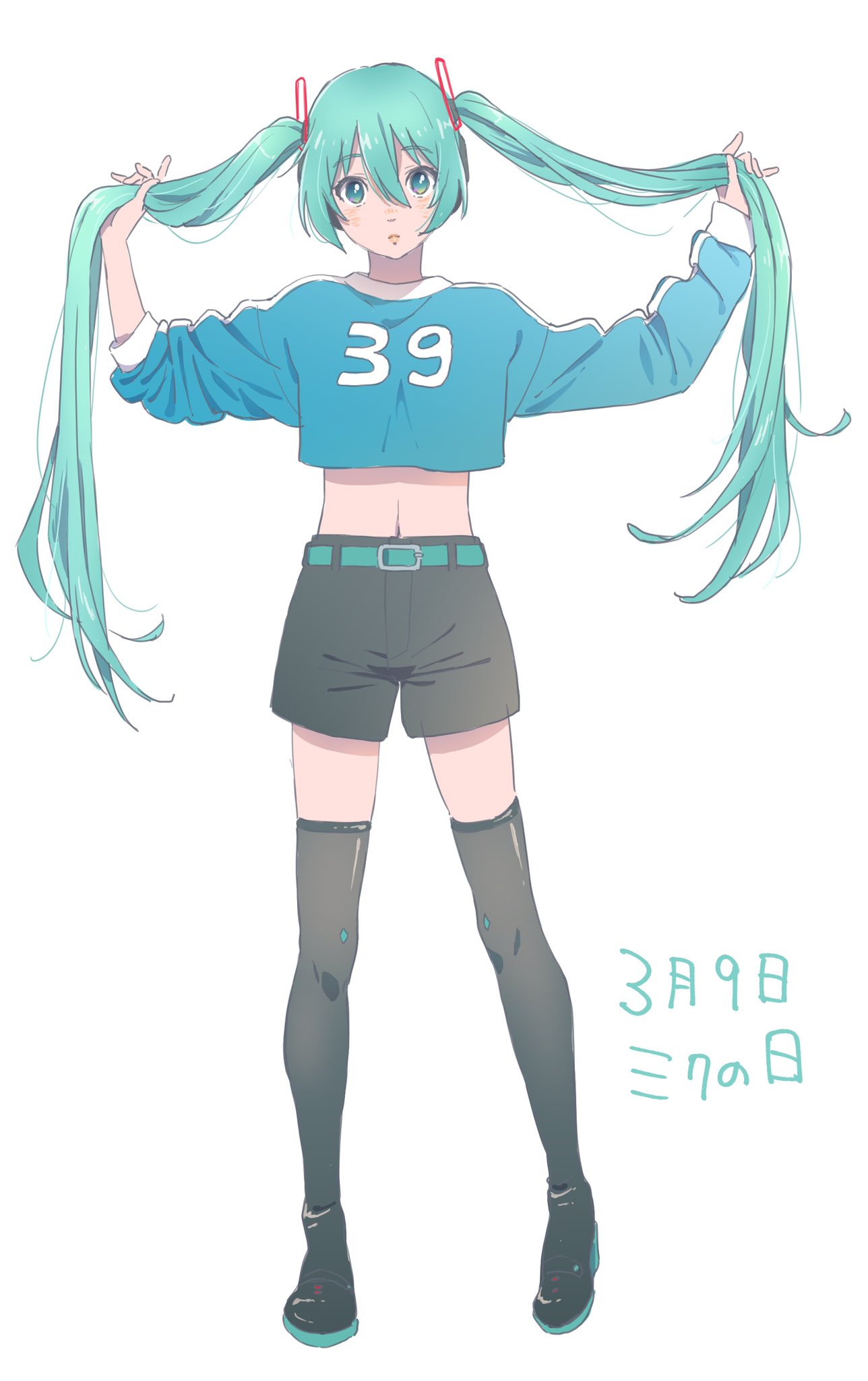 sagawa haruka, hatsune miku, vocaloid, highres, 1girl, aqua hair, belt, black shorts, black thighhighs, blue eyes, full body, long hair, looking at viewer, navel, shorts, simple background, solo, thighhighs, twintails, very long hair, white background