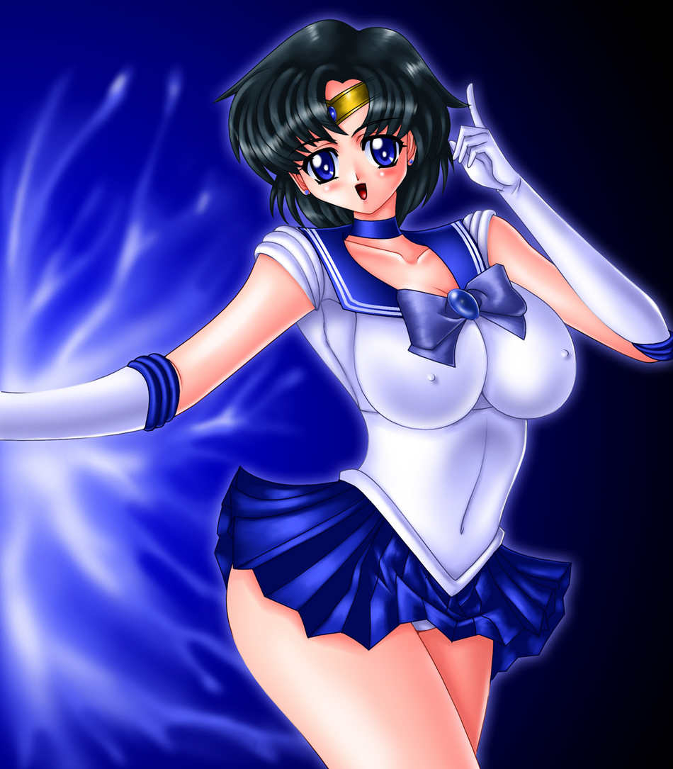 marubayashi shumaru, mizuno ami, sailor mercury, bishoujo senshi sailor moon, tagme, 1990s (style), 1girl, breasts, elbow gloves, female focus, gloves, gradient background, panties, retro artstyle, solo, underwear