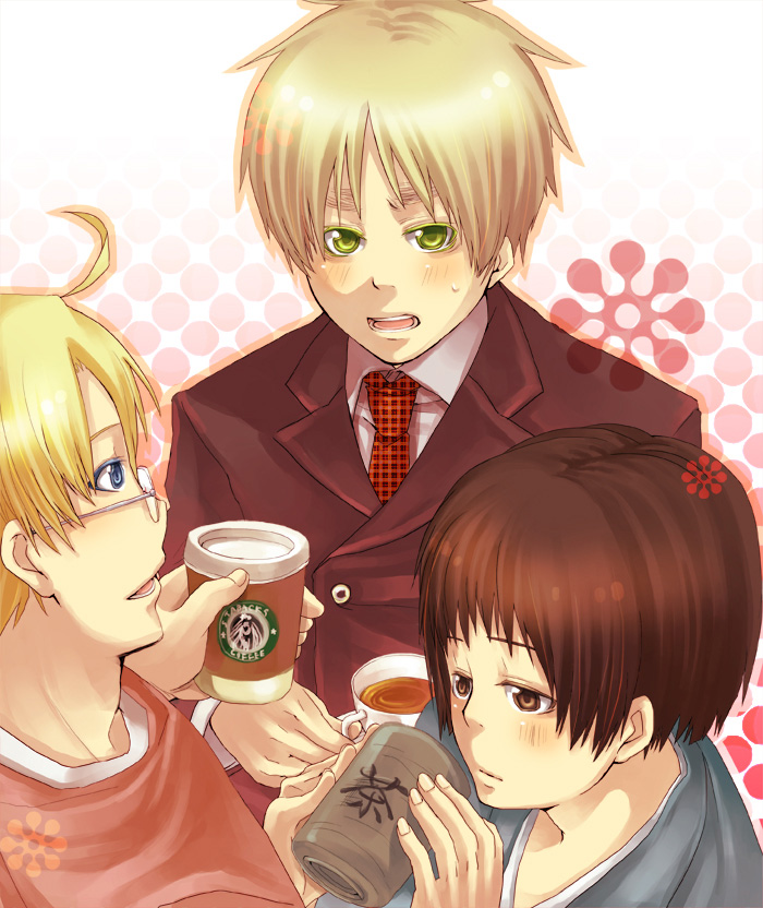 mushi kei, america (hetalia), japan (hetalia), united kingdom (hetalia), axis powers hetalia, bad id, bad pixiv id, 00s, 3boys, ahoge, blonde hair, blue eyes, brown eyes, brown hair, coffee, formal clothes, glasses, green eyes, male focus, multiple boys, necktie, short hair, suit, tea