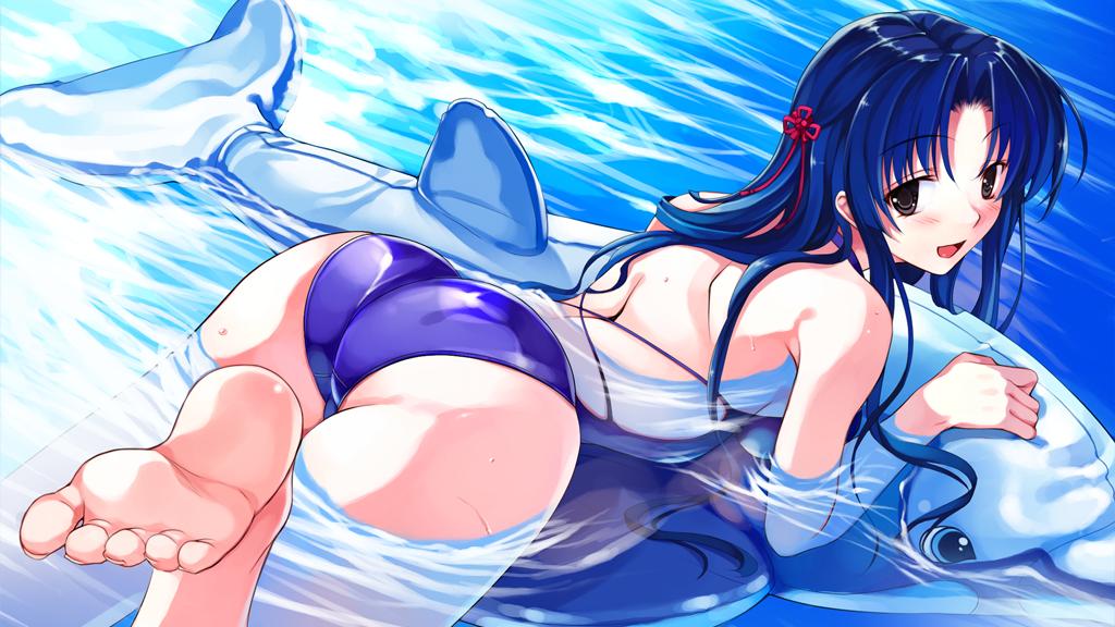 cradle (circle), misaki kurehito, koga sayoko, abhar, suiheisen made nan mile?, game cg, jpeg artifacts, non-web source, 1girl, ass, barefoot, black eyes, blue hair, dolphin, feet, female focus, foot focus, inflatable raft, long hair, one-piece swimsuit, soles, solo, swimsuit