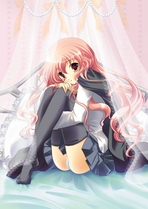 louise francoise le blanc de la valliere, zero no tsukaima, artist request, non-web source, 00s, bed, cape, curtains, hugging own legs, long hair, panties, pantyshot, pink eyes, pink hair, sitting, solo, thighhighs, underwear