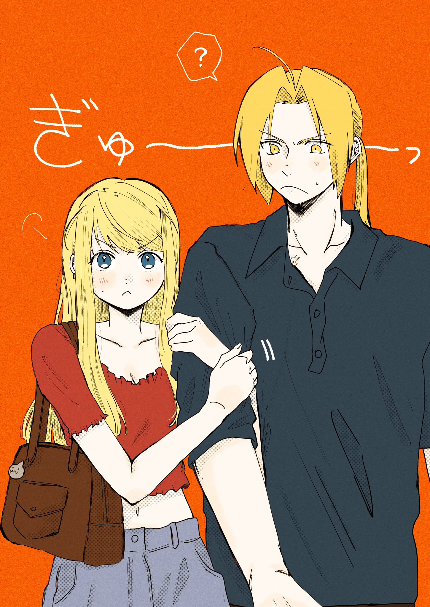 hare87073434281, alphonse elric, edward elric, winry rockbell, fullmetal alchemist, highres, 1boy, 1girl, :3, ?, ahoge, bag, bag charm, black shirt, blonde hair, blue eyes, blush, breasts, brown bag, charm (object), cleavage, collarbone, collared shirt, couple, earrings, frown, furrowed brow, grey pants, hetero, holding another's arm, jealous, jewelry, long hair, medium breasts, midriff, navel, orange background, pants, parted bangs, ponytail, red shirt, shirt, short hair, shoulder bag, sidelocks, spoken question mark, sweat, yellow eyes