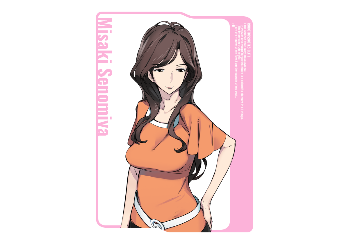fukuda tomonori, senomiya misaki, robotics;notes, science adventure, shiny lips, game cg, official art, 1girl, black skirt, breasts, brown eyes, brown hair, casual, full body, hair over shoulder, large breasts, lipstick, long hair, makeup, mature female, orange shirt, parted bangs, pencil skirt, red lips, shirt, skirt, solo, white background