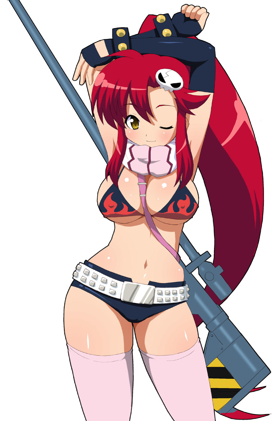 shishimaru ken'ya, yoko littner, tengen toppa gurren lagann, highres, 00s, gun, rifle, scarf, thighhighs, weapon