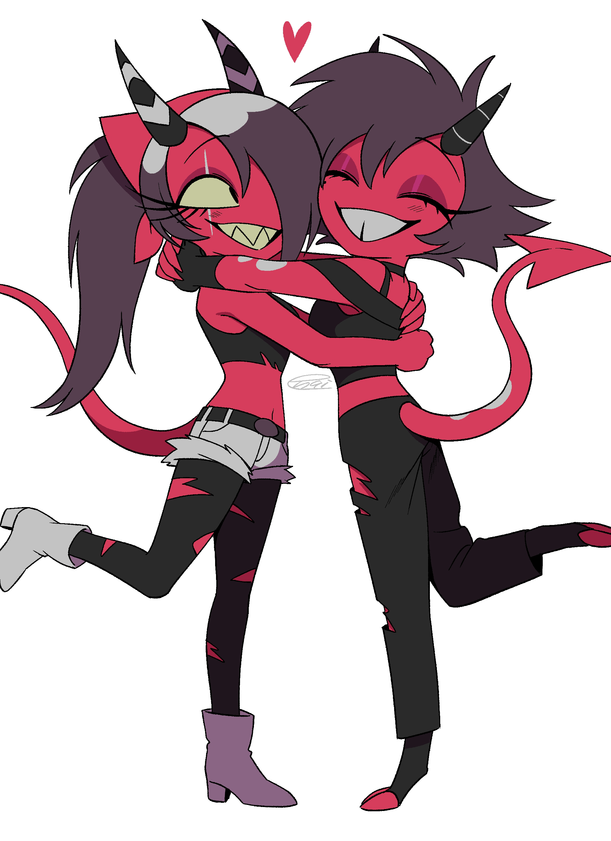 menma (enaic31), millie (helluva boss), sallie may (helluva boss), hellaverse, helluva boss, absurdres, commentary request, highres, 2girls, :d, ^ ^, affectionate, ankle boots, bare arms, bare shoulders, belt, black belt, black choker, black eyes, black gloves, black pants, black pantyhose, black shirt, boots, brown hair, cheek-to-cheek, choker, closed eyes, colored sclera, colored skin, colored teeth, crop top, cropped shirt, demon girl, demon horns, demon tail, denim, denim shorts, double-parted bangs, eyeshadow, fewer digits, fingerless gloves, gloves, grin, hair between eyes, hair over one eye, halterneck, heads together, headscarf, heart, high heel boots, high heels, high ponytail, horns, hug, knees together feet apart, long hair, looking at another, lower eyelashes only, makeup, midriff, multicolored hair, multicolored horns, multiple girls, navel, off-shoulder shirt, off shoulder, one eye covered, open mouth, pants, pantyhose, ponytail, red eyeshadow, red headscarf, red skin, red tail, roots (hair), sharp teeth, shirt, short hair, short shorts, short sleeves, shorts, siblings, signature, simple background, sisters, sleeveless, sleeveless shirt, smile, standing, standing on one leg, striped horns, tail, teeth, torn clothes, torn pants, torn pantyhose, two-tone hair, two-tone horns, white background, white boots, white hair, white shorts, yellow sclera, yellow teeth