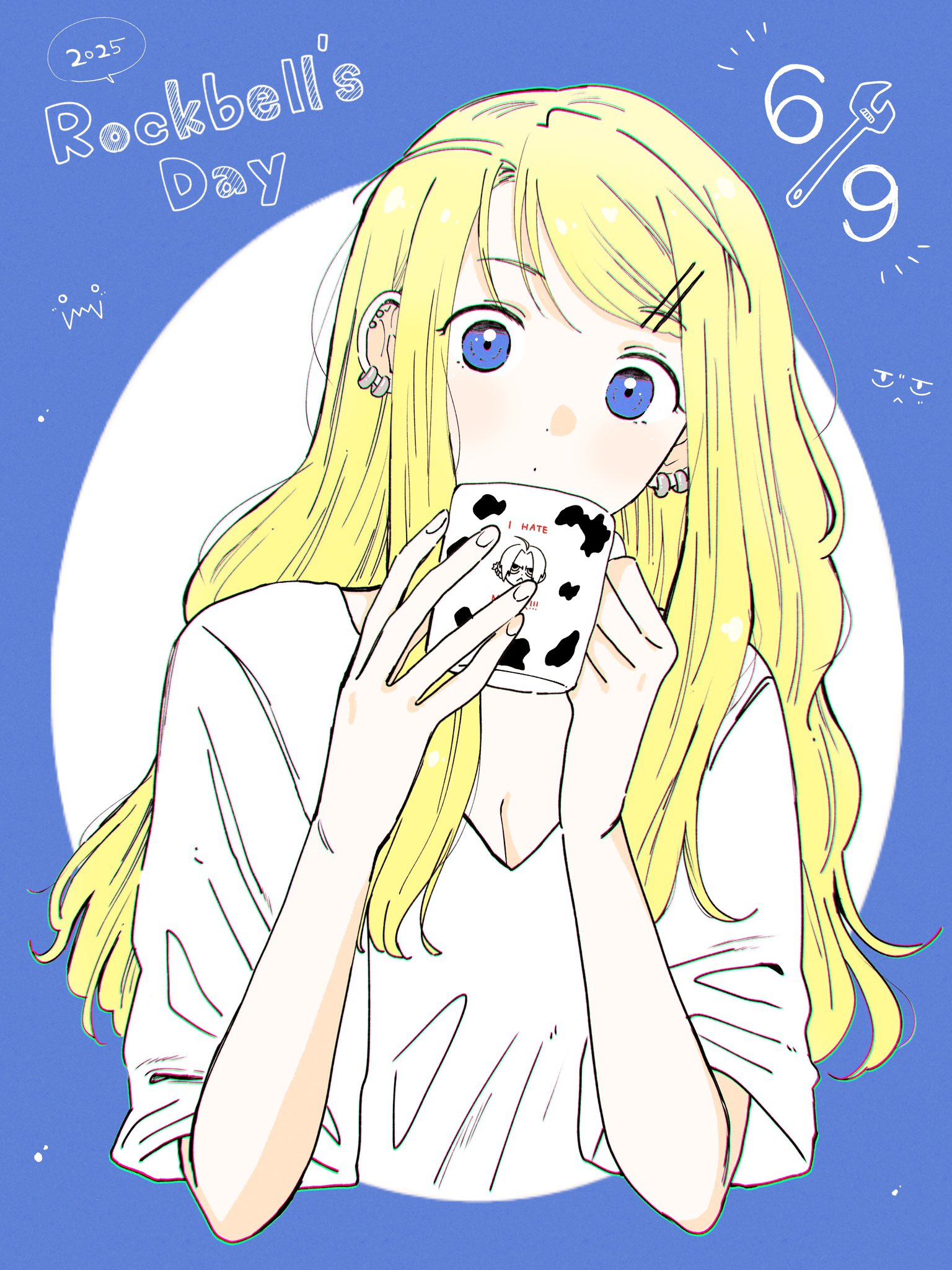 hare87073434281, alphonse elric, edward elric, winry rockbell, fullmetal alchemist, highres, 1girl, 2025, :3, blonde hair, blue border, blue eyes, border, breasts, character name, cleavage, closed mouth, cropped torso, cup, dated, dot mouth, earrings, hair ornament, hairclip, holding, holding cup, jewelry, long hair, looking at viewer, medium breasts, multiple earrings, shirt, sidelocks, solo, swept bangs, white background, white shirt, wrench