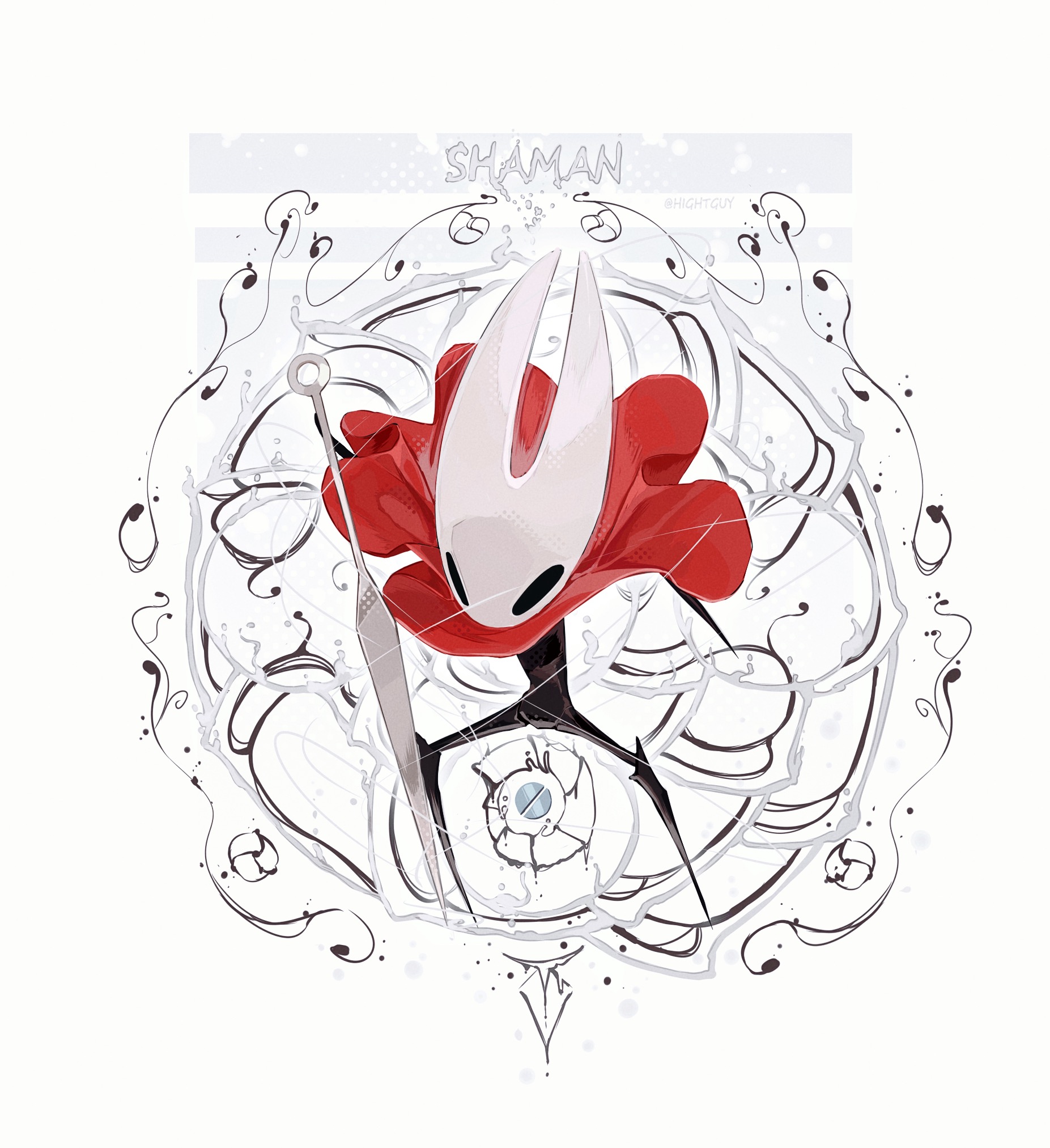 hightguy, hornet (hollow knight), hollow knight, hollow knight: silksong, chinese commentary, commentary request, highres, 1girl, arthropod girl, artist name, border, cloak, film grain, full body, grey background, halftone, halftone background, holding, holding needle, hollow eyes, horned mask, looking at viewer, mask, needle, needle (hollow knight), no mouth, red cloak, silk, simple background, solo, standing, white border, white mask