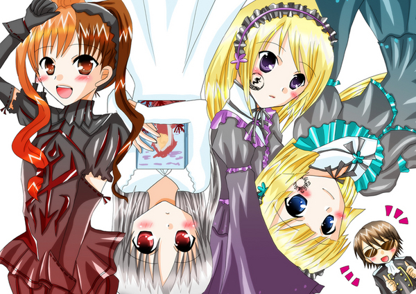el (sound horizon), sound horizon, silver hair, non-web source, 4girls, blonde hair, blue eyes, brown eyes, dress, frills, gothic lolita, lolita fashion, long hair, multiple girls, orange hair, purple eyes, red eyes, twintails