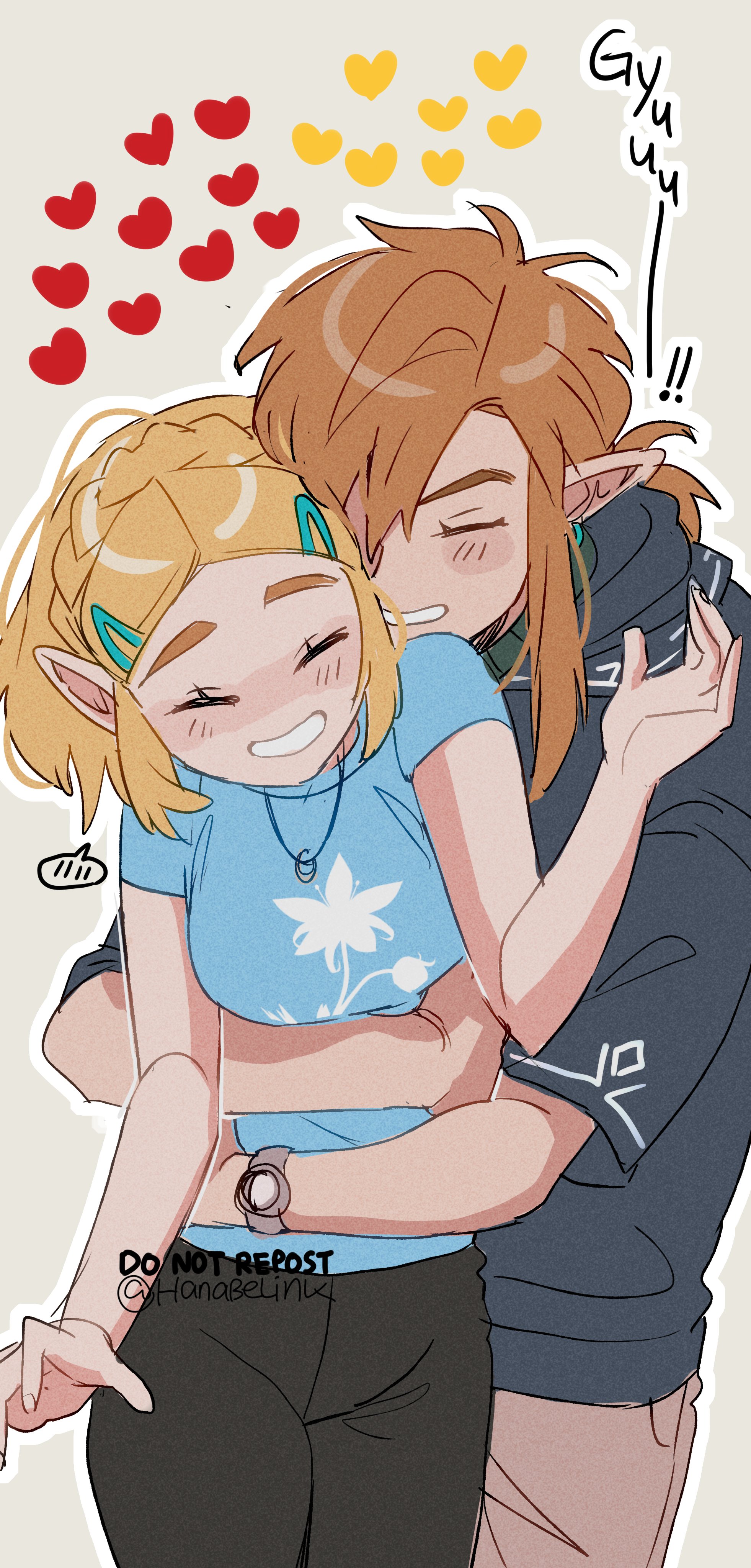 hanaberin, link, princess zelda, nintendo, the legend of zelda, the legend of zelda: breath of the wild, absurdres, commentary, english commentary, highres, !, !!, 1boy, 1girl, black pants, blonde hair, blue shirt, blush, braid, breasts, brown pants, clock, closed eyes, couple, crown braid, cum, cum on body, earrings, english text, facial, floral print, grin, hair between eyes, hair ornament, happy, happy facial, heart, hug, hug from behind, jewelry, long hair, medium breasts, necklace, pants, pointy ears, shirt, simple background, smile, spoken blush, twitter username, upper body