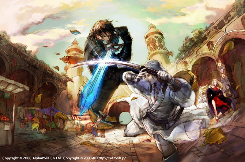 mid (midlibro), rain (rain), rain (alphapolis), 2girls, 3boys, action, building, cloud, market, multiple boys, multiple girls, sky, sun, sword, weapon
