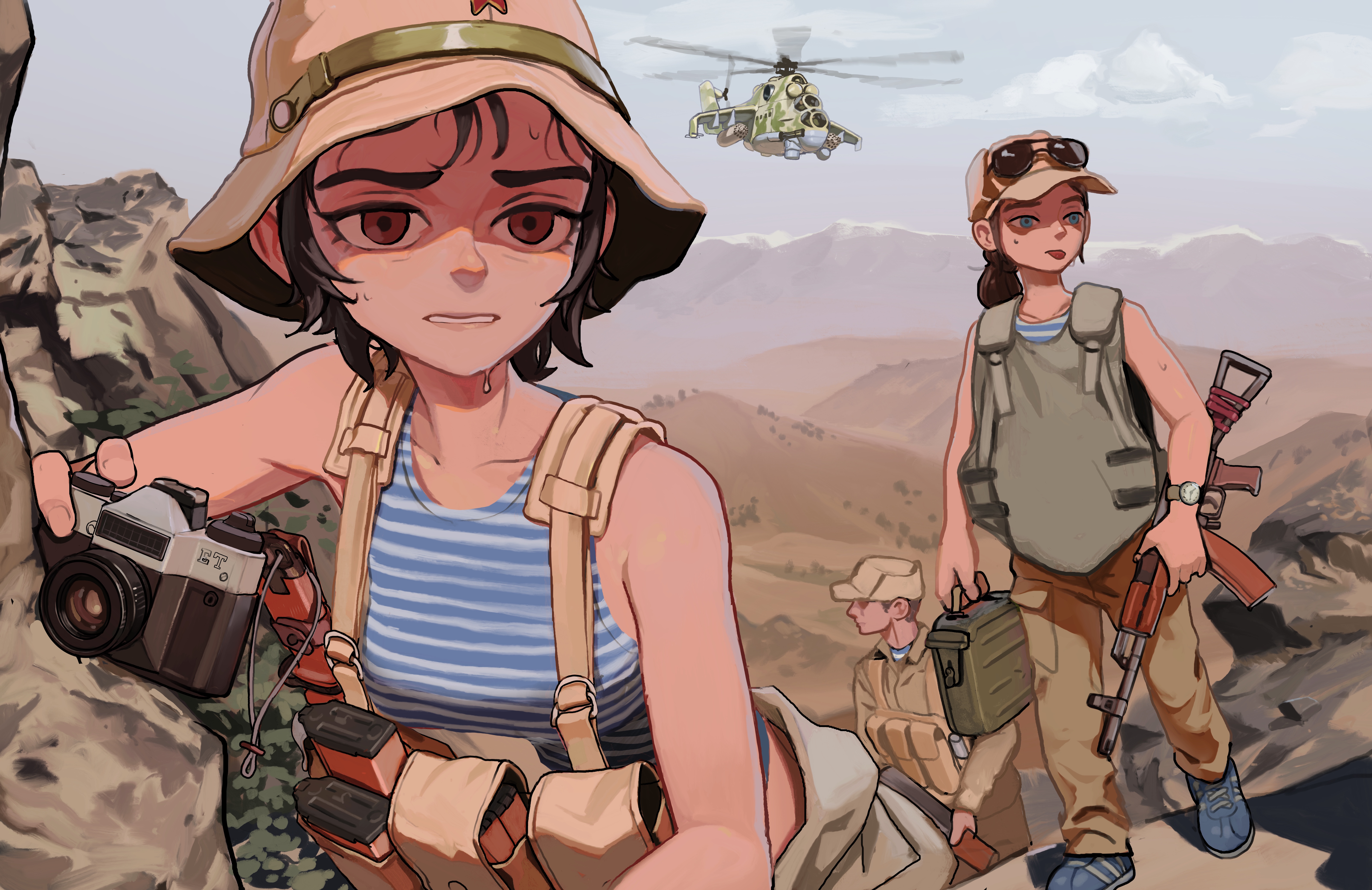 rifleman1130, mi-24, original, absurdres, commentary request, highres, korean commentary, 1boy, 2girls, aircraft, ak-74, aks-74, ammunition pouch, assault rifle, attack helicopter, baseball cap, black hair, blue eyes, blue shoes, brown eyes, brown hair, brown hat, brown jacket, brown pants, bulletproof vest, camera, chest rig, cloud, full body, gun, hair bun, hat, helicopter, holding, holding camera, holding gun, holding weapon, horizontal-striped clothes, jacket, kalashnikov rifle, looking to the side, magazine (weapon), military, military vehicle, mountain, mountainous horizon, multiple girls, pants, ponytail, pouch, rifle, scenery, shoes, slouch hat, striped clothes, striped tank top, sweat, tank top, tongue, tongue out, upper body, war in afghanistan, watch, weapon, wristwatch