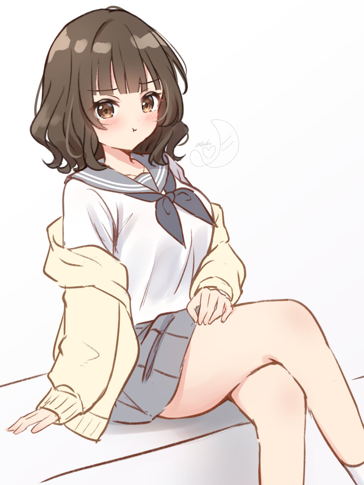 hanazora satsuki, original, commentary request, highres, 1girl, :t, blunt bangs, breasts, brown hair, cardigan, closed mouth, collarbone, crossed legs, feet out of frame, grey neckerchief, grey sailor collar, grey skirt, large breasts, long sleeves, looking at viewer, medium hair, miniskirt, neckerchief, off shoulder, pleated skirt, pout, sailor collar, school uniform, serafuku, shirt, simple background, sitting, skirt, solo, thighs, wavy hair, white background, white shirt, yellow cardigan