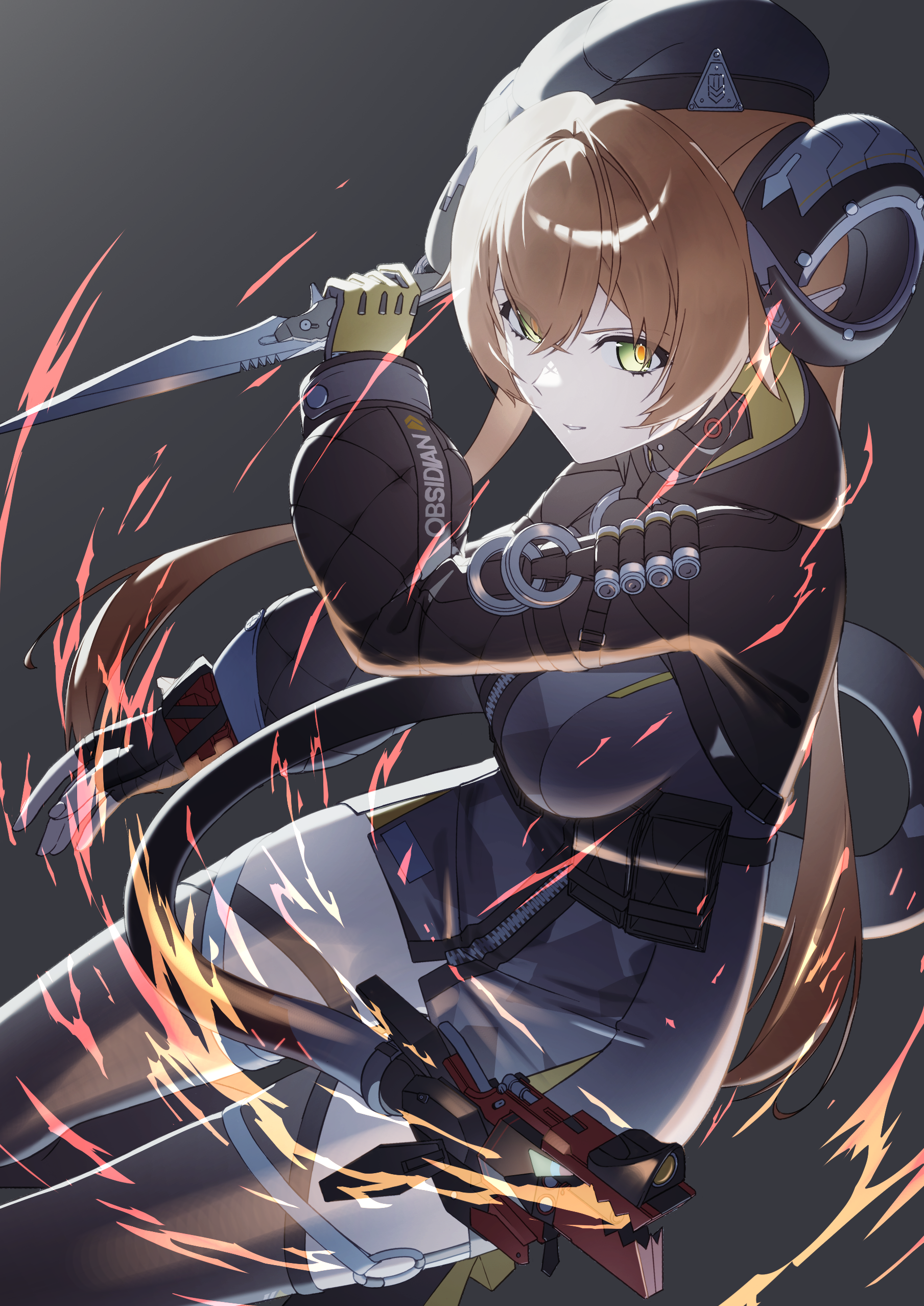 ushi ebi, magus (zenless zone zero), orphie magnusson, zenless zone zero, absurdres, highres, 1girl, 1other, ammunition, ammunition pouch, asymmetrical gloves, black background, black hat, black horns, black jacket, dragon girl, dragon horns, dress, fingerless gloves, fire, gloves, gun, hat, holding, holding knife, horns, jacket, knife, looking at viewer, mechanical horns, mechanical tail, mismatched gloves, orange hair, orange pupils, pouch, single fingerless glove, tail, teeth, thigh strap, thighhighs, weapon, yellow gloves, zipper dress
