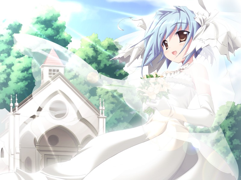 fue (tsuzuku), hayami koharu, hinatabokko, game cg, non-web source, 1girl, blue hair, bouquet, bridal veil, bride, brown eyes, church, dress, elbow gloves, female focus, flower, gloves, short hair, sky, solo, veil, wedding dress