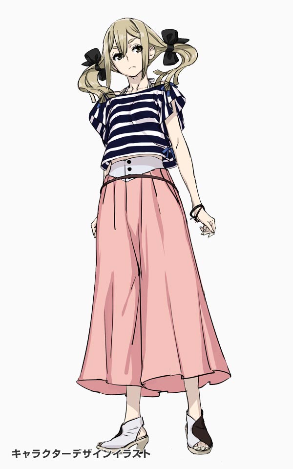fukuda tomonori, koujiro frau, robotics;notes, robotics;notes dash, science adventure, game cg, non-web source, official art, 1girl, black bow, blonde hair, bow, brown eyes, casual, cropped shirt, expressionless, full body, hair between eyes, hair bow, high heels, long hair, long skirt, midriff peek, multicolored shoes, multiple hair bows, official alternate costume, pink skirt, shirt, shoes, short sleeves, sidelocks, simple background, skirt, solo, standing, striped clothes, striped shirt, toenails, toes, twintails, white background, wide sleeves