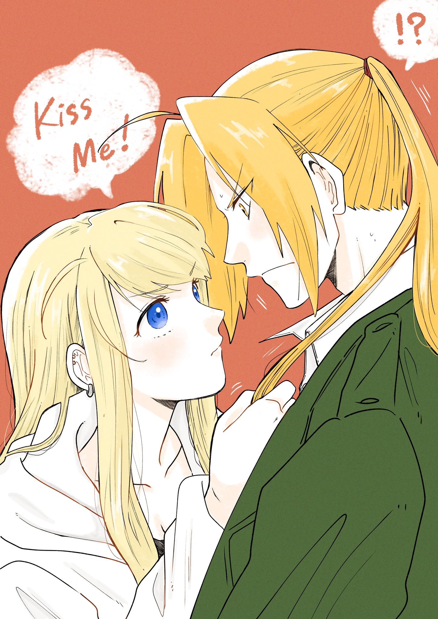 hare87073434281, edward elric, winry rockbell, fullmetal alchemist, highres, !, !?, 1boy, 1girl, ?, ahoge, assertive female, black shirt, blonde hair, blue eyes, blush, collared shirt, couple, earrings, frown, furrowed brow, grabbing another's hair, green jacket, hetero, holding another's hair, hood, hoodie, jacket, jewelry, long hair, parted bangs, ponytail, red background, shirt, sidelocks, spoken exclamation mark, spoken question mark, sweatdrop, upper body, white hoodie, white shirt, yellow eyes
