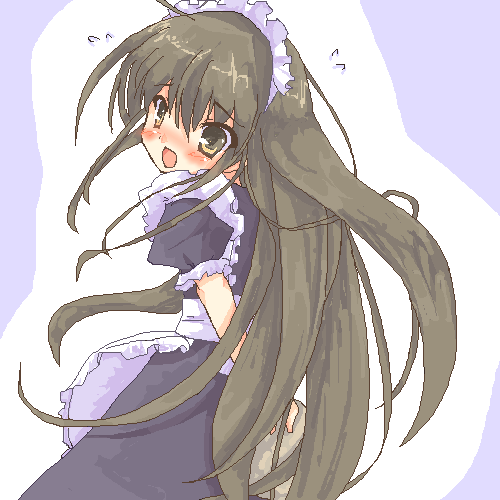 suchiimu, shana, wilhelmina carmel, shakugan no shana, lowres, md5 mismatch, resolution mismatch, source smaller, 1girl, alternate costume, black hair, blush, brown eyes, cosplay, embarrassed, female focus, long hair, looking back, maid, oekaki, solo, wilhelmina carmel (cosplay)