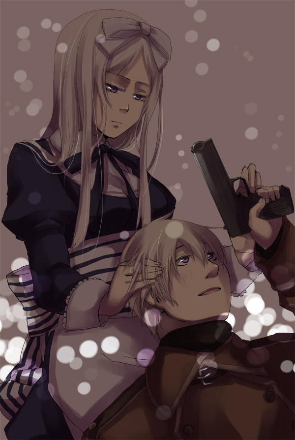 mushi kei, belarus (hetalia), russia (hetalia), axis powers hetalia, silver hair, uniform, 00s, 1boy, 1girl, bow, couple, dress, gun, hair bow, hair ribbon, handgun, hetero, long hair, pistol, purple eyes, ribbon, short hair, siblings, snow, weapon, winter