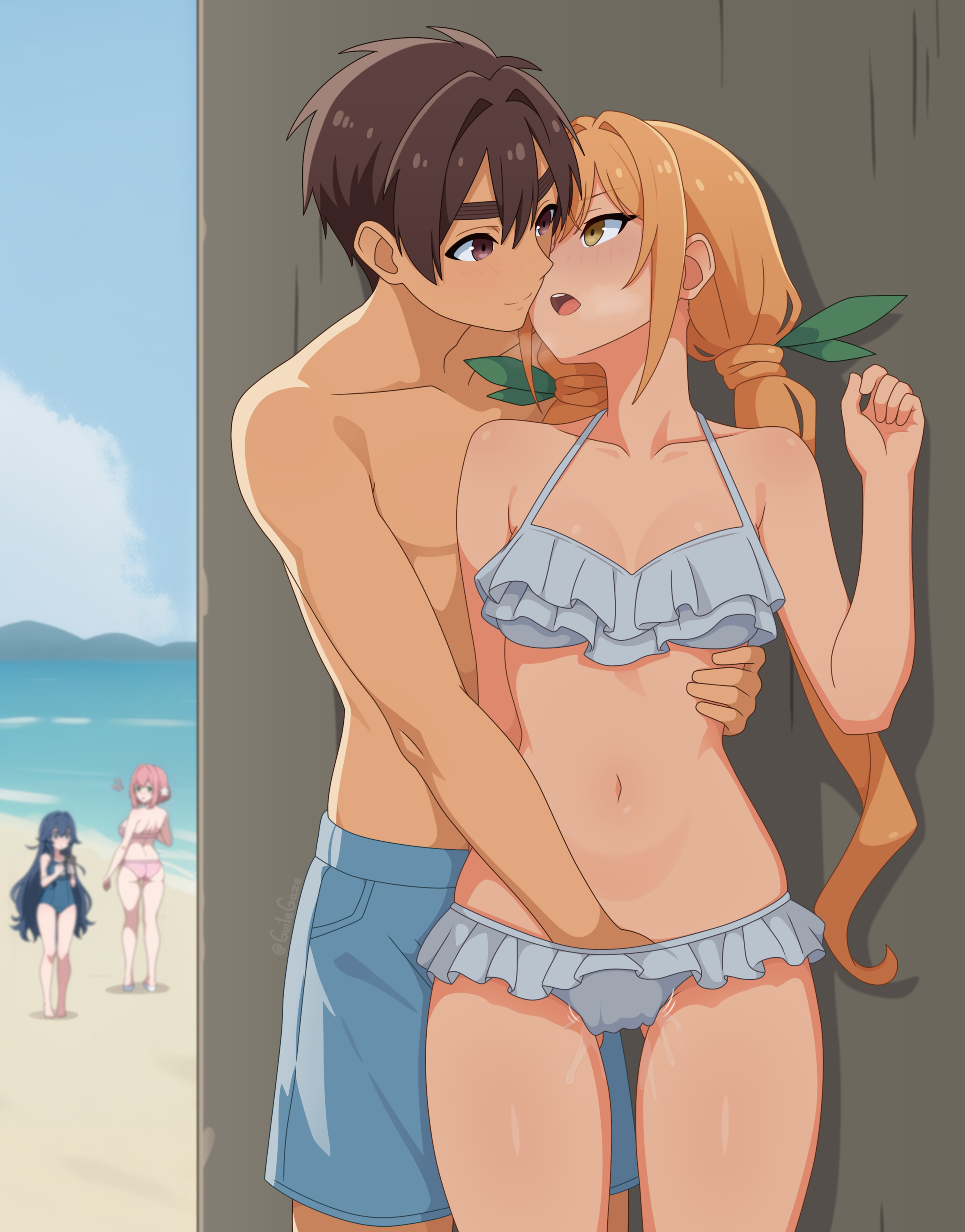 guilegaze, aijou rentarou, hanazono hakari, inda karane, yoshimoto shizuka, kimi no koto ga dai dai dai dai daisuki na 100-nin no kanojo, absurdres, highres, 1boy, 3girls, ass, beach, bikini, black hair, blue one-piece swimsuit, breasts, brown eyes, brown hair, cloud, cloudy sky, collarbone, fingering, frilled bikini, frills, gluteal fold, green eyes, long hair, medium breasts, multiple girls, navel, ocean, one-piece swimsuit, pink bikini, pink hair, pussy juice, skindentation, sky, small breasts, standing, stomach, swimsuit, thigh gap, very long hair, white bikini