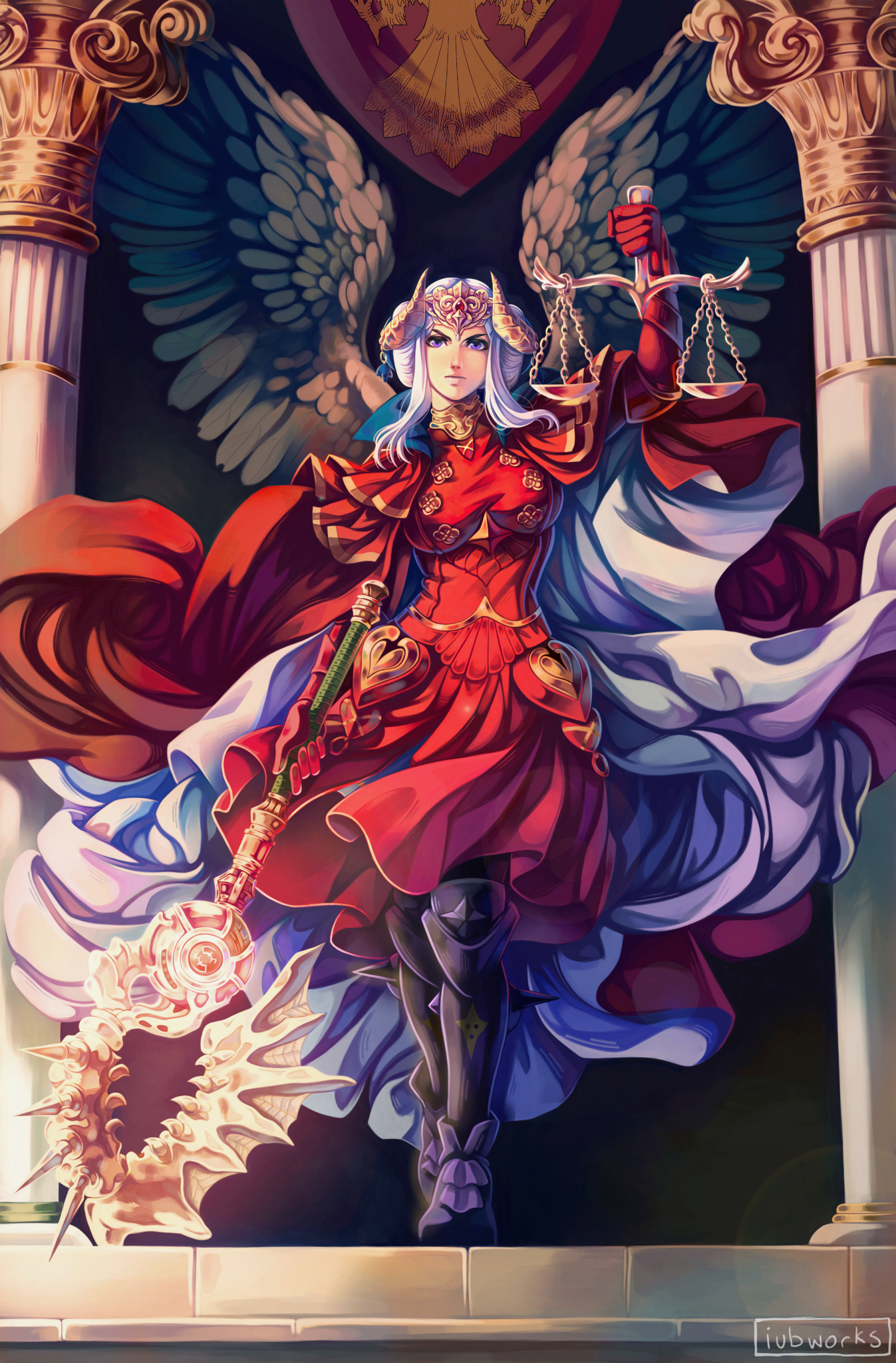 iubworks, edelgard von hresvelg, edelgard von hresvelg (timeskip), fire emblem, fire emblem: three houses, nintendo, commentary, english commentary, highres, 1girl, armored boots, artist name, axe, battle axe, boots, cape, collared cape, double bun, dress, fake horns, feathered wings, full body, glowing, glowing weapon, hair bun, hair up, head tilt, headpiece, holding, holding axe, holding weapon, horns, looking at viewer, official alternate costume, purple eyes, red cape, red dress, shade, solo, standing, weapon, white hair, wings