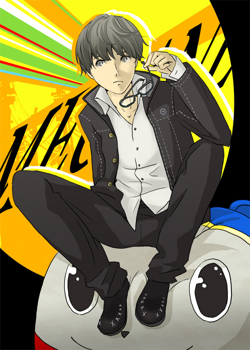 yoshi 92, kuma (persona 4), narukami yu, atlus, persona, persona 4, bad id, bad pixiv id, glasses, grey eyes, grey hair, male focus, short hair, solo