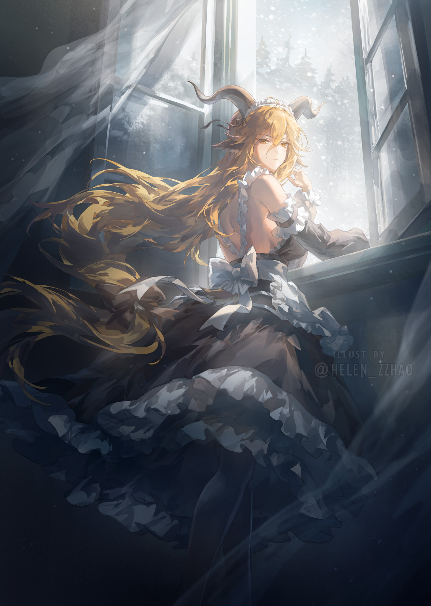 helen zzhao, degenbrecher (arknights), arknights, commentary, english commentary, highres, 1girl, ahoge, alternate costume, animal ears, back bow, bare back, bare shoulders, black dress, black pantyhose, black ribbon, black sleeves, blonde hair, bow, brown horns, closed mouth, crossed bangs, curled horns, day, detached sleeves, dress, enmaided, feet out of frame, frilled dress, frilled sleeves, frills, hair between eyes, horns, indoors, light particles, long bangs, long hair, long sleeves, looking at viewer, maid, maid headdress, median furrow, pantyhose, ribbon, snowing, solo, standing, turning head, twitter username, very long hair, watermark, white bow, wind, window, yellow eyes