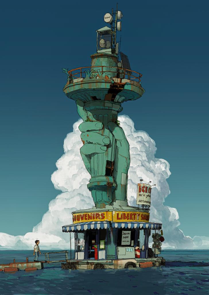 alariko, statue of liberty, original, 1boy, antennae, blue sky, cloud, day, ocean, outdoors, post-apocalypse, scenery, sky, solo, torch