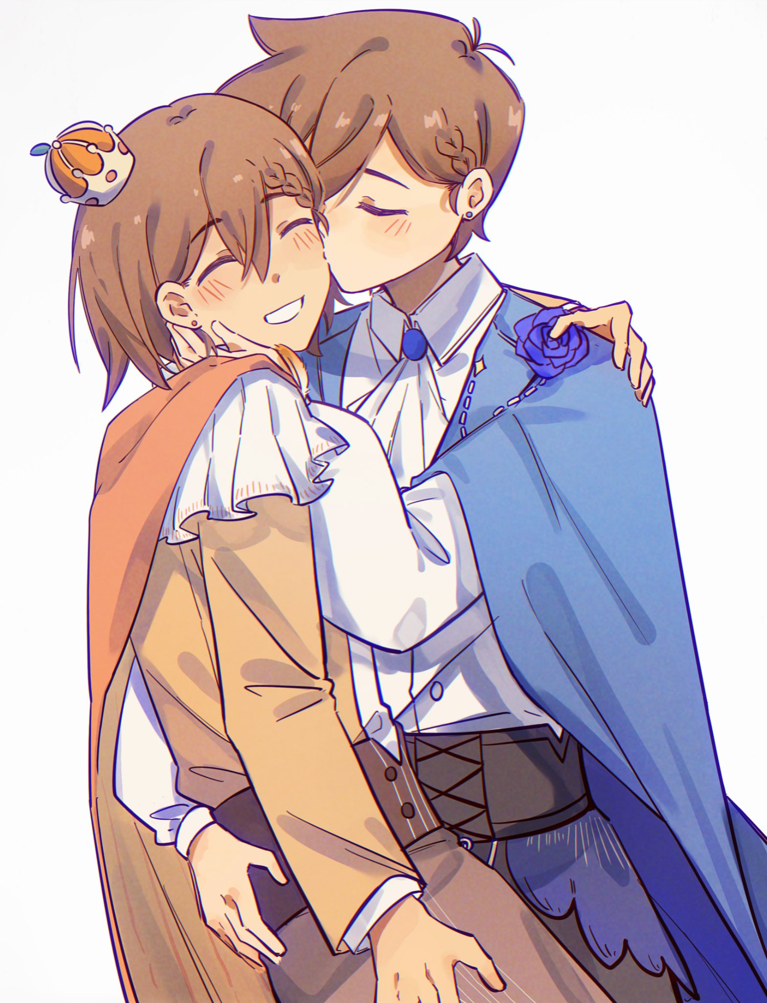 bailan1130, hero (faraway) (omori), hero (omori), kel (faraway) (omori), kel (omori), omori, chinese commentary, commentary request, commission, highres, second-party source, 2boys, :d, ^ ^, alternate universe, antenna hair, ascot, blue cape, blue flower, blue rose, blush, braid, brothers, brown hair, brown skirt, cape, chromatic aberration, closed eyes, collared shirt, cross-laced clothes, cross-laced skirt, crown, double-parted bangs, earrings, film grain, flower, grin, hair behind ear, hair between eyes, hand on another's back, hand on another's cheek, hand on another's face, hand on another's shoulder, jewelry, kiss, kissing cheek, layered sleeves, long sleeves, male focus, mini crown, multiple boys, open mouth, orange cape, orange shirt, puffy long sleeves, puffy sleeves, rose, shirt, shirt tucked in, short hair, siblings, simple background, single braid, skirt, smile, stud earrings, u u, very short hair, white ascot, white background, white shirt