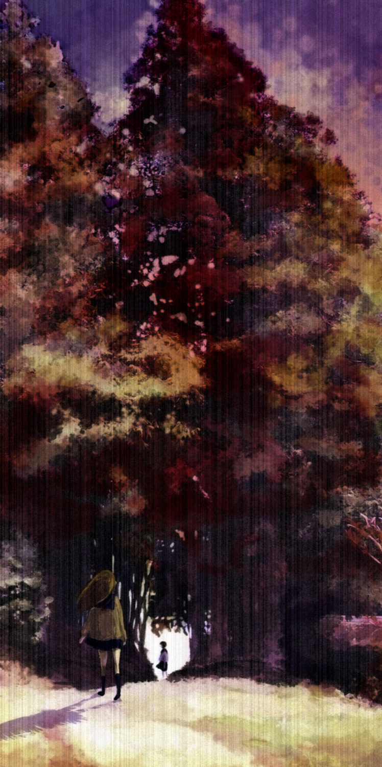 ohno (artist), oo (308308), highres, long image, tall image, 2girls, forest, multiple girls, nature, scenery, school uniform, serafuku, shadow, sky, sun, sunset, tree