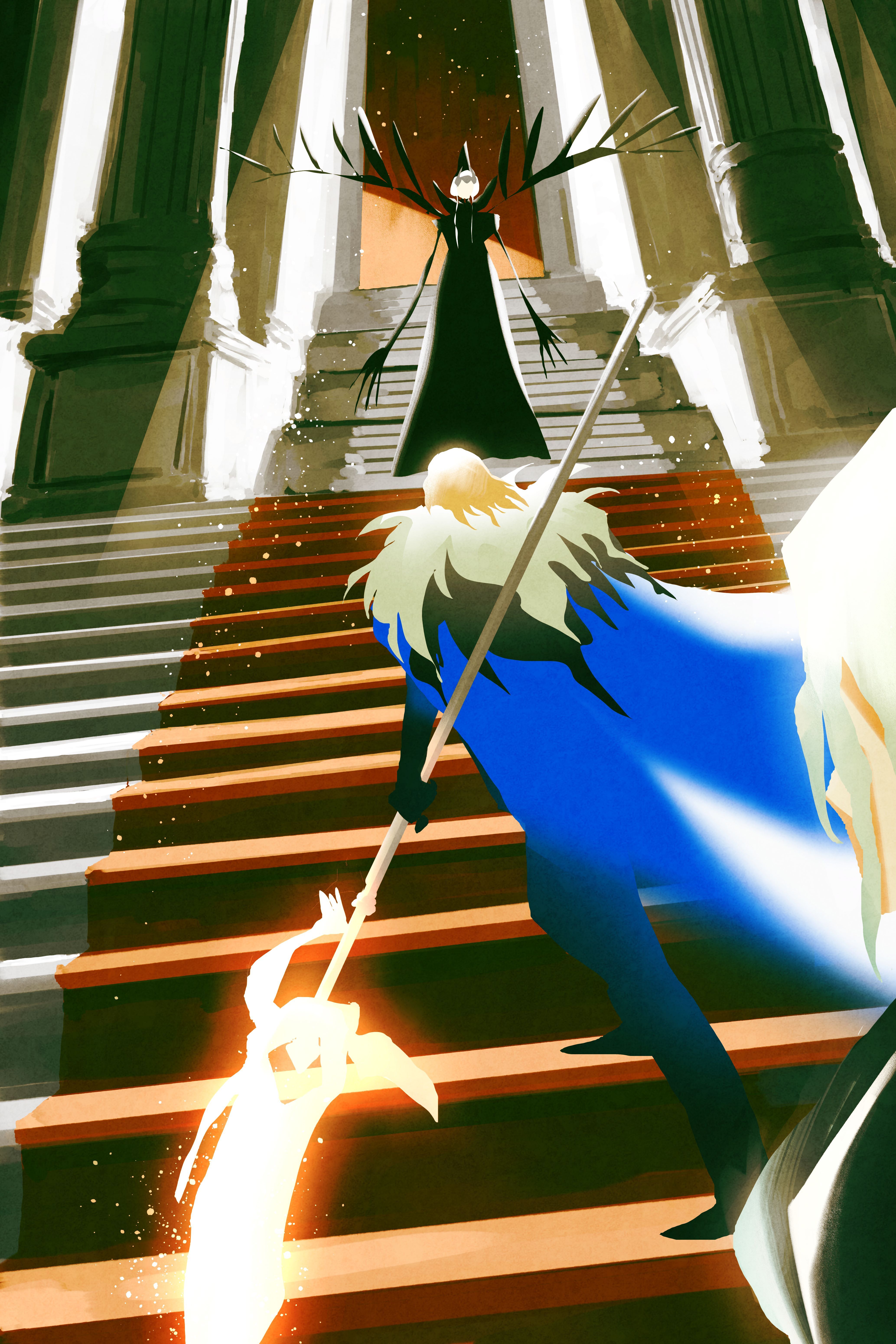 taxkha, dimitri alexandre blaiddyd, dimitri alexandre blaiddyd (timeskip), edelgard von hresvelg, edelgard von hresvelg (hegemon husk), edelgard von hresvelg (timeskip), female byleth (fire emblem), fire emblem, fire emblem: three houses, nintendo, absurdres, commentary, english commentary, highres, 1boy, 2girls, blonde hair, blue cape, breasts, cape, floating, from behind, fur-trimmed cape, fur trim, glowing, glowing weapon, hair up, holding, holding polearm, holding weapon, medium breasts, messy hair, multiple girls, polearm, stairs, standing, weapon, wings