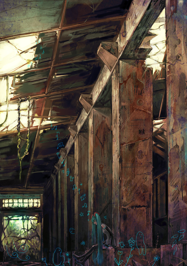 zain, hatsune miku, vocaloid, light, bad id, bad pixiv id, 1girl, glowing, heart, indoors, long hair, music, musical note, pillar, ruins, scenery, sitting, very long hair