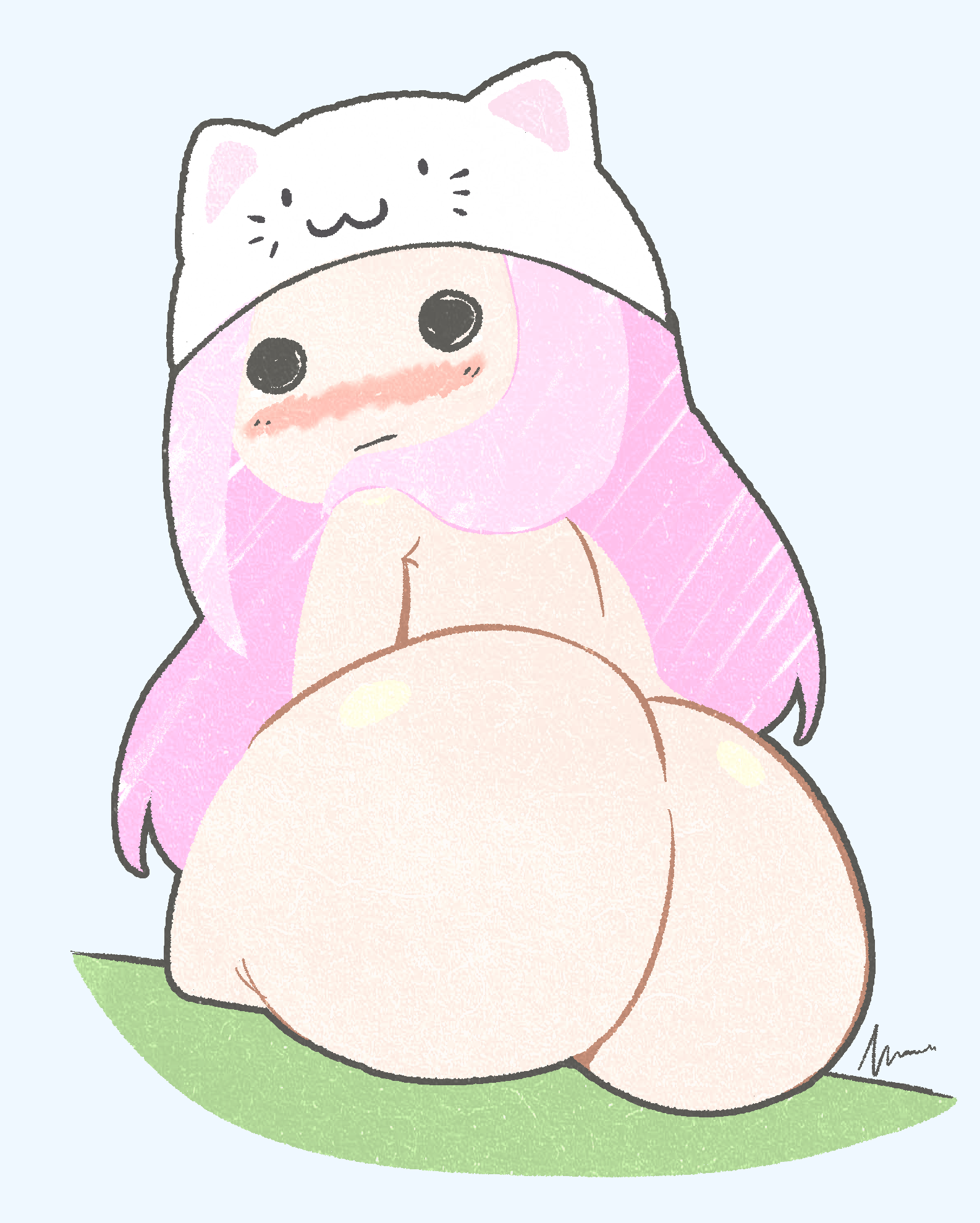pochipon, megurine luka, megurine luka (toeto), toeto (vocaloid), vocaloid, 1girl, animal hat, ass, ass focus, blue background, cat hat, chibi, chibi only, completely nude, hat, huge ass, long hair, nude, outline, pink hair, signature, simple background, sitting, solid circle eyes, solo, white hat