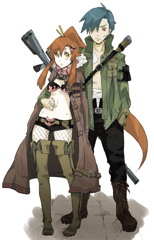 yoshi 92, kamina (ttgl), yoko littner, tengen toppa gurren lagann, bad id, bad pixiv id, 00s, belt, blue hair, boots, chopsticks, fishnets, hair ornament, hairclip, jacket, ponytail, red eyes, red hair, shorts, thigh boots, thighhighs, yellow eyes