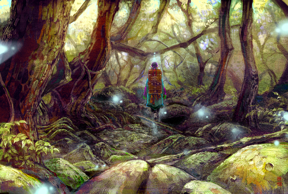 zain, kusuriuri (mononoke), mononoke, light, bad id, bad pixiv id, 00s, 1boy, bandana, blonde hair, forest, geta, glowing, japanese clothes, kimono, male focus, nature, pointy ears, rock, scenery, solo, tree