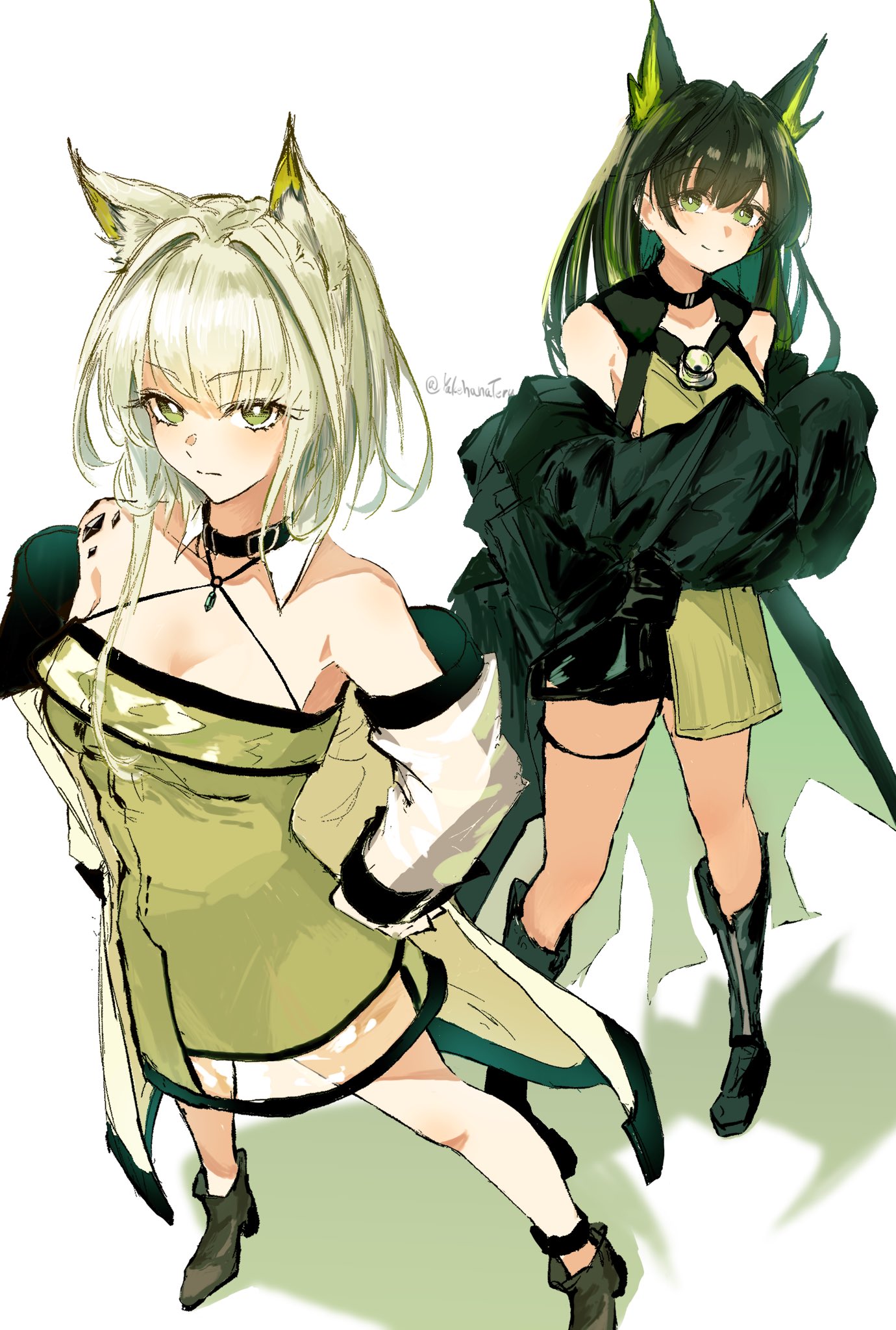 yakehanateru, kal'tsit (arknights), mon3tr (arknights), arknights, commentary, highres, 2girls, animal ear fluff, animal ears, ankle boots, bare shoulders, black boots, black coat, black hair, boots, breasts, bright pupils, cleavage, closed mouth, coat, colored inner hair, full body, green eyes, green hair, grey hair, halterneck, hands on own hips, knee boots, long sleeves, looking at viewer, material growth, medium breasts, medium hair, multicolored hair, multiple girls, off shoulder, oripathy lesion (arknights), short hair with long locks, simple background, smile, split mouth, standing, twitter username, white background, white pupils