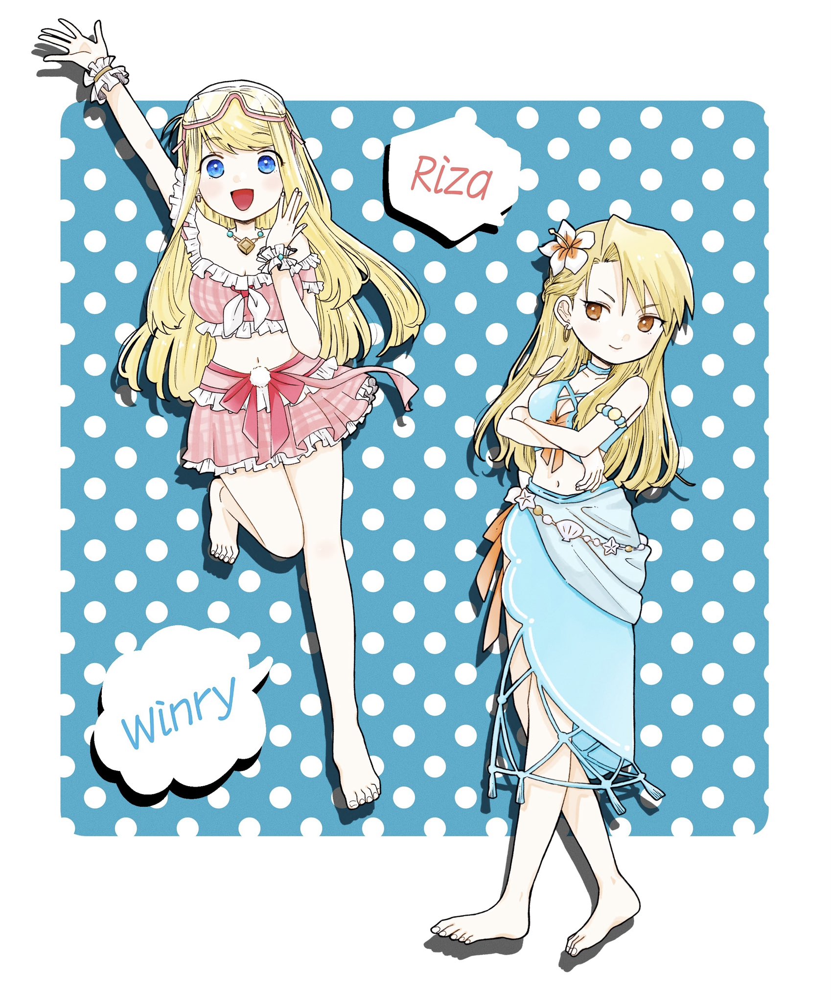 hare87073434281, riza hawkeye, winry rockbell, fullmetal alchemist, highres, 2girls, alternate costume, armlet, bare shoulders, blonde hair, blue background, blue choker, blue eyes, blue sarong, blue shirt, blue skirt, border, breasts, brown eyes, character name, choker, cleavage, closed mouth, crop top, crossed arms, earrings, flower, frilled shirt collar, frilled wrist cuffs, frills, full body, goggles, goggles on head, hair behind ear, hair between eyes, hair flower, hair ornament, hibiscus, hoop earrings, jewelry, light blush, long hair, long skirt, medium breasts, midriff, miniskirt, multiple girls, navel, necklace, off-shoulder shirt, off shoulder, open mouth, pink shirt, polka dot, polka dot background, sarong, sash, seashell, shell, shirt, side slit, skirt, smile, speech bubble, swept bangs, waist sash, white border, white wrist cuffs, wrist cuffs