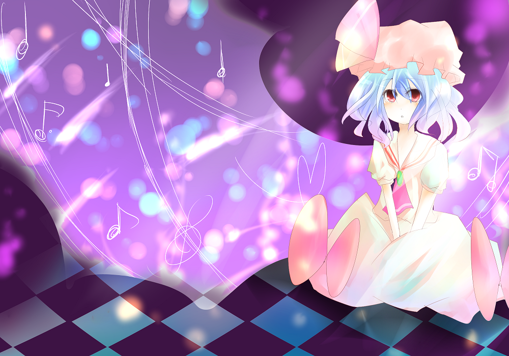 kiduki@mosaku chuu, kizuki (hako-k), remilia scarlet, touhou, bad id, bad pixiv id, 1girl, bad anatomy, blue hair, female focus, hat, musical note, poorly drawn, ribbon, short hair, solo, wings