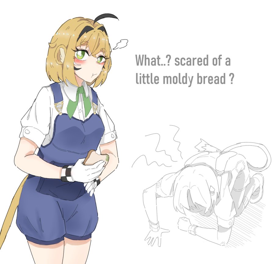 dooby, indie virtual youtuber, 1girl, ahoge, blonde hair, blue overalls, bread, checkered gloves, food, gloves, green eyes, hato9113, jerboa, jerboa tail, looking at viewer, mold, multicolored hair, overalls, pinstripe overalls, short hair, sick, simple background, solo, streaked hair, tail, train conductor, virtual youtuber, white background, white gloves