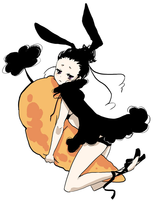 yoshi 92, bad id, bad pixiv id, 1girl, animal ears, ballerina shoes, ballet slippers, black hair, cape, carrot, female focus, footwear ribbon, purple eyes, rabbit ears, solo